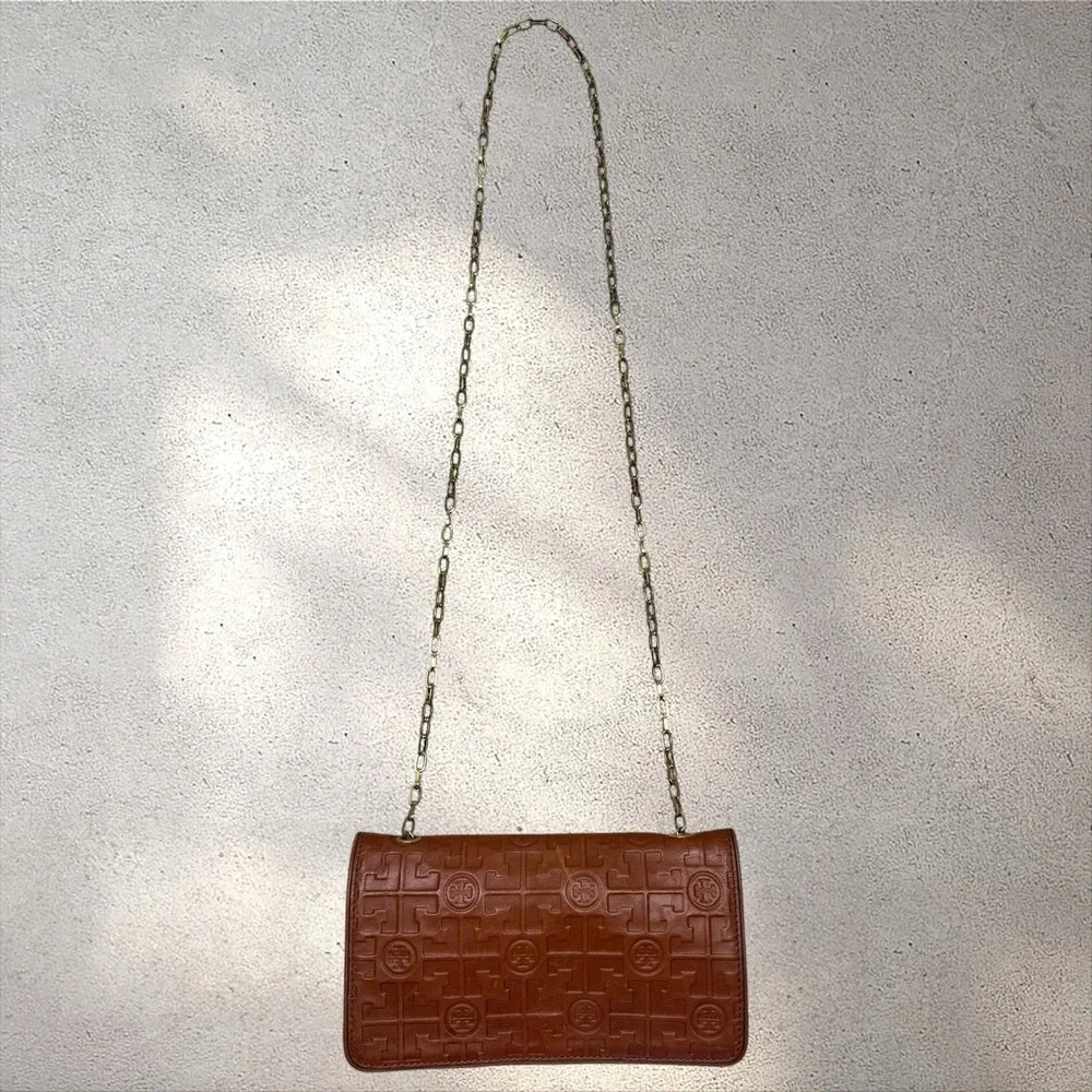 Tory‎ Burch Embossed Chain Wallet Crossbody Bag Brown Leather Logo Purse